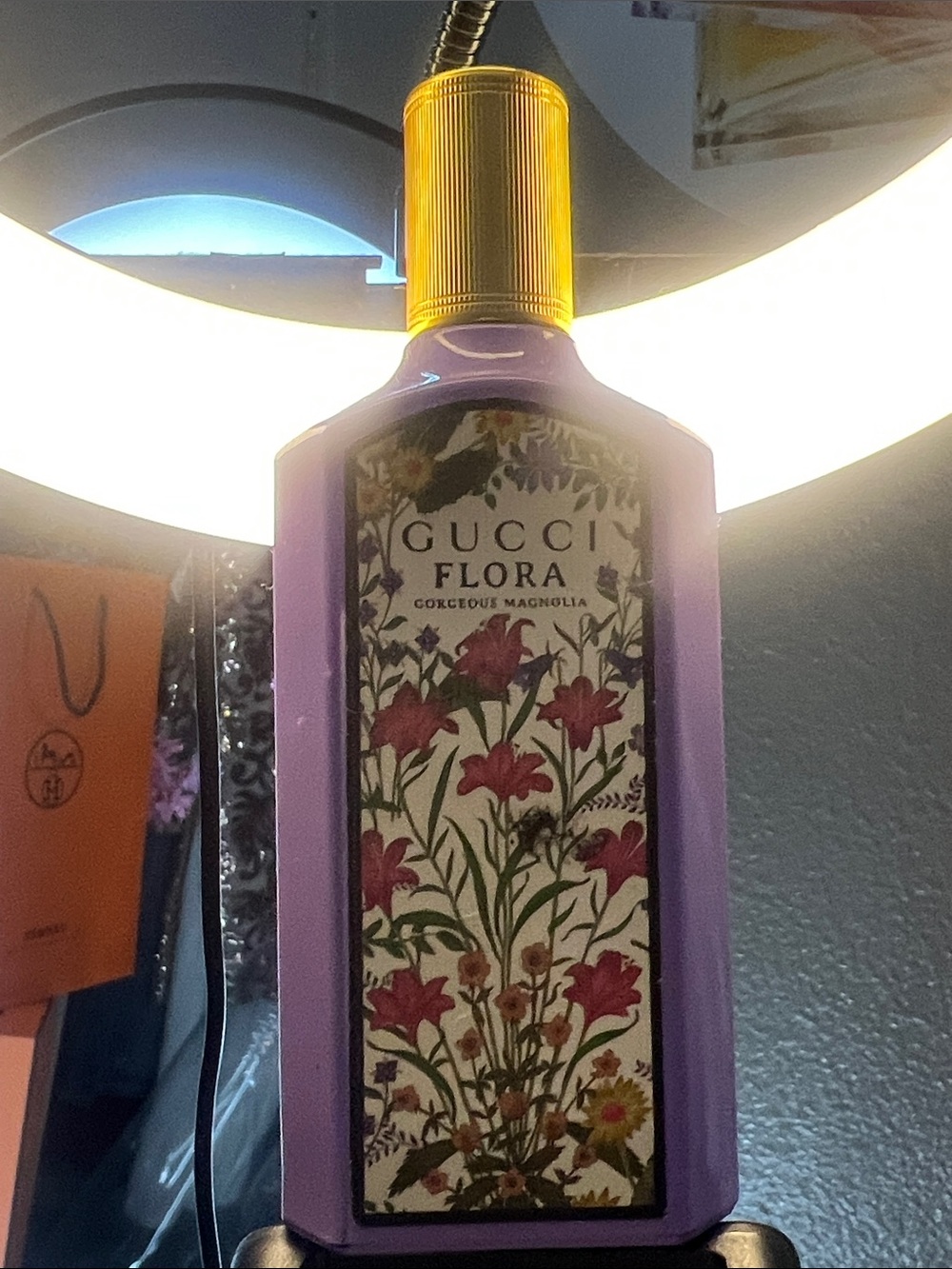 Gucci Purple Floral Perfume Bottle with Gold Cap